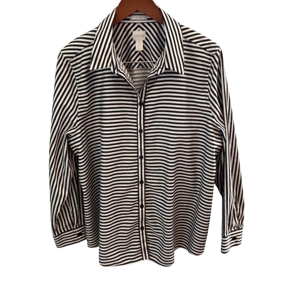 Chico's Button Up Long Sleeve Shirt Size 3 / US 16 Cotton Black & White Stripes - Picture 2 of 11